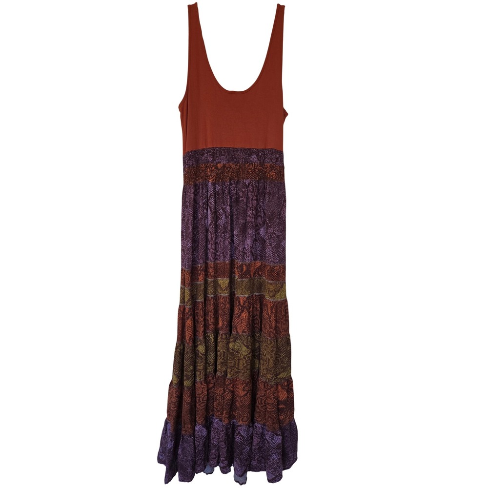 Anthropologie Colima Snake Print Tiered Maxi Dress L Fall Colors Boho Hippie - Picture 3 of 10